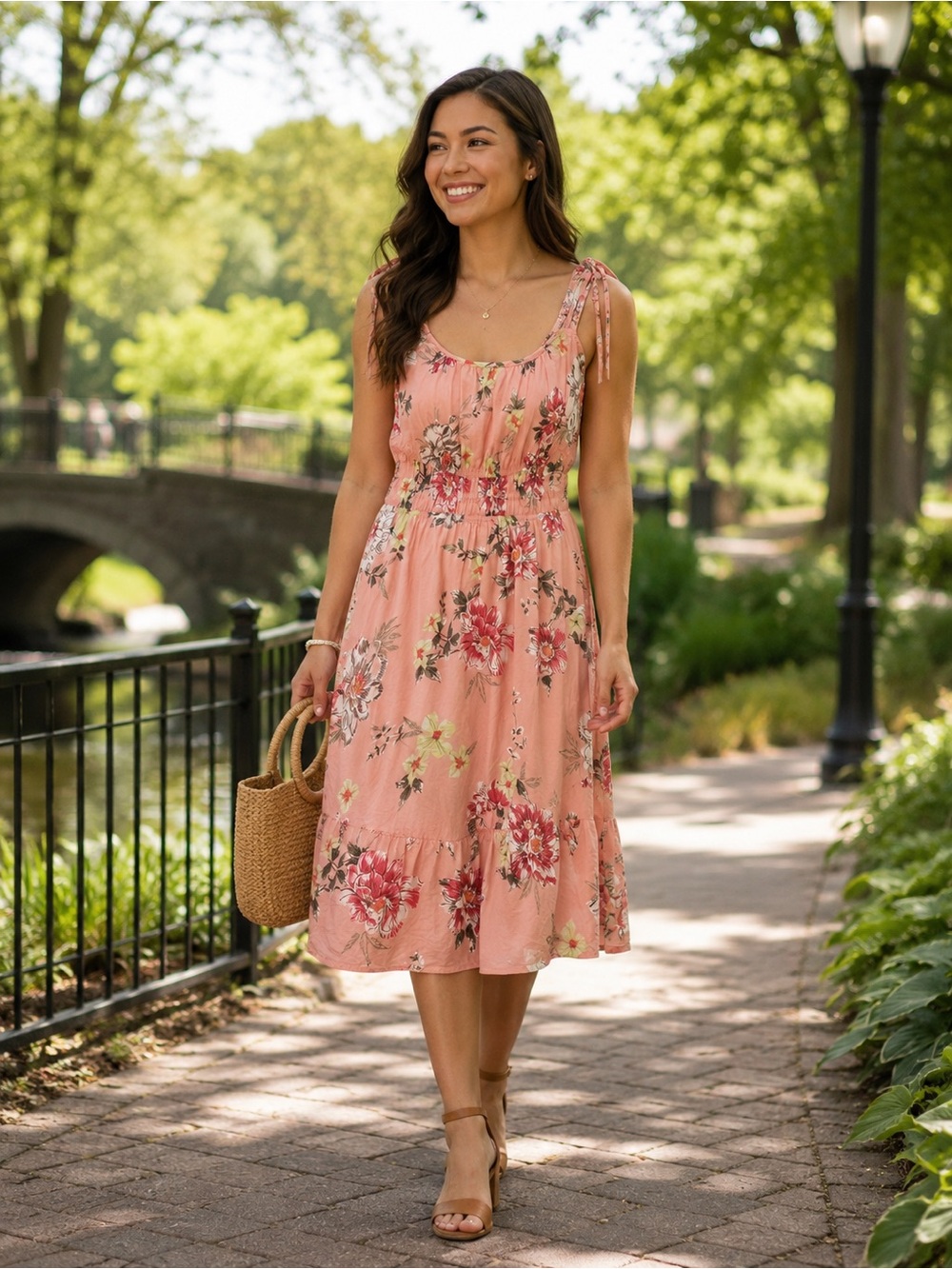 Maurices Boho Peach Floral Cotton Blend Tie-Shoulder Midi Dress Size XS